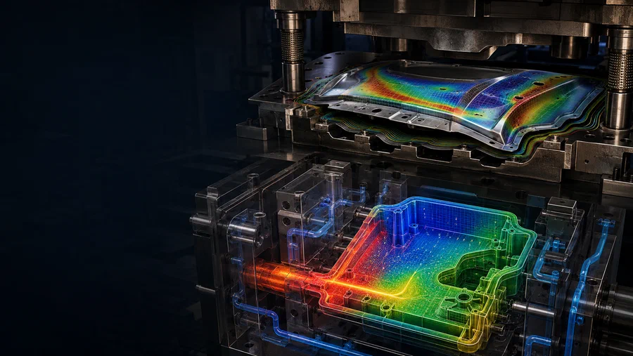 Injection mold and formed component with overlaid engineering simulation fields